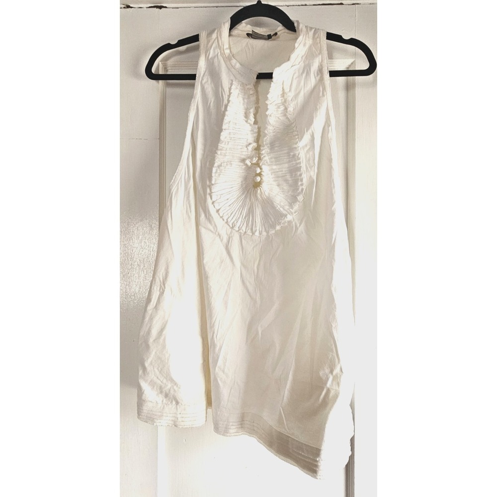 BCBG MAXAZRIA off white sleeveless layered ruffle trim blouse pockets woman Sz L